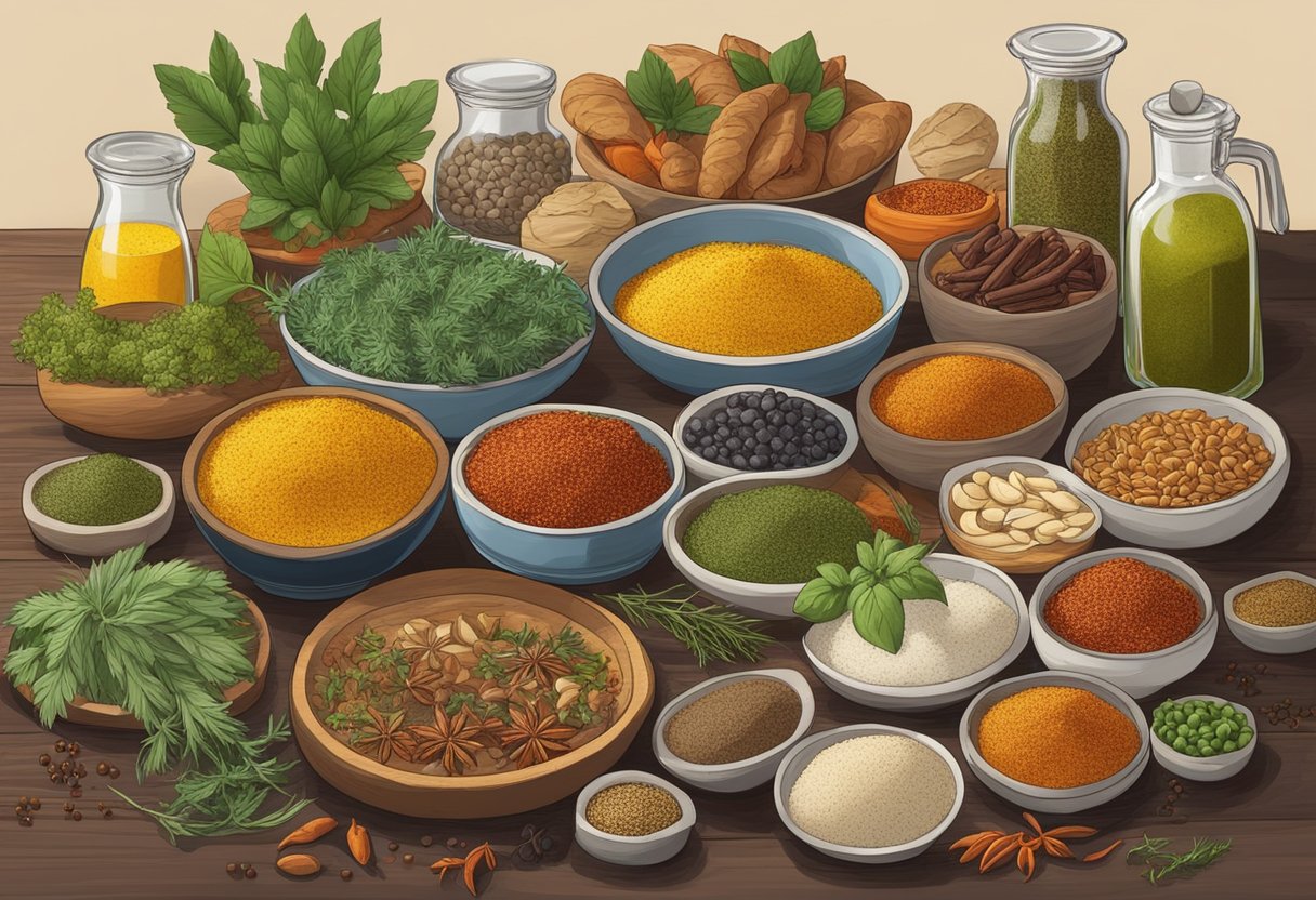 A table set with colorful herbs and spices next to a variety of gluten-free Mediterranean dishes, showcasing a balance of flavors and textures