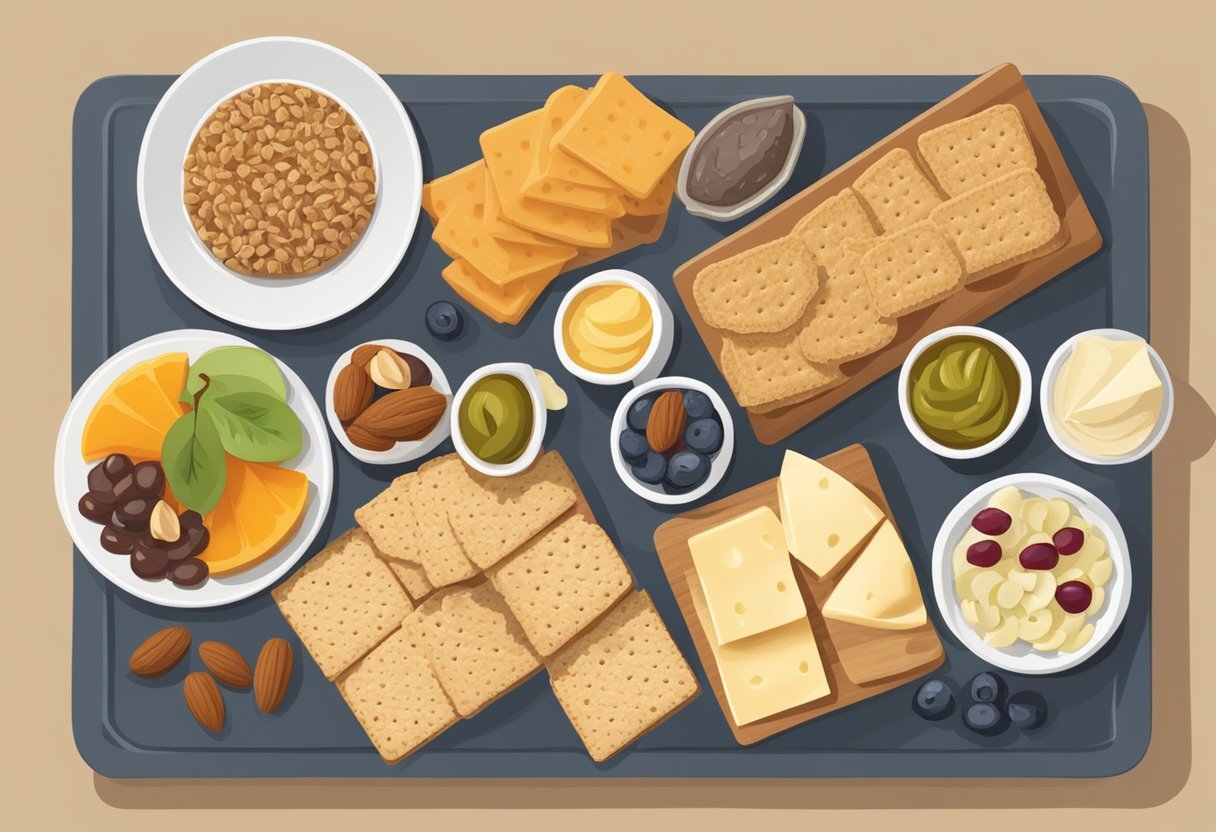 A table with a variety of gluten-free Mediterranean snacks, including fruits, nuts, and hummus, balanced with whole grain crackers and a small portion of cheese