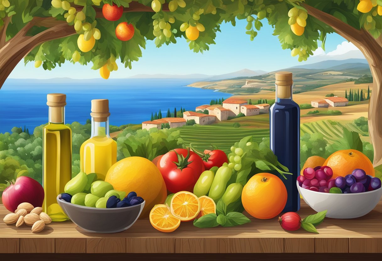 A colorful array of fresh fruits, vegetables, nuts, and olive oil arranged on a rustic wooden table, with a vibrant Mediterranean landscape in the background