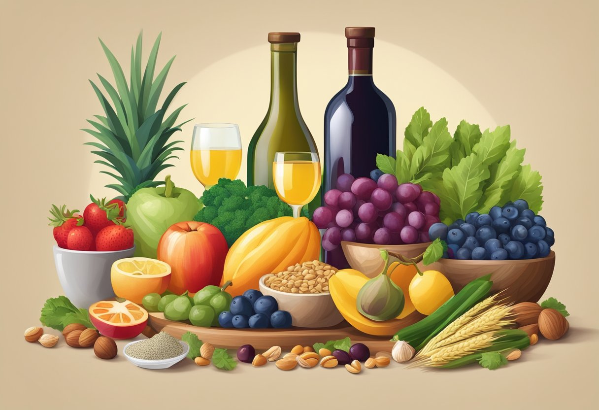 A colorful array of fresh fruits, vegetables, nuts, and grains arranged on a table, with a bottle of olive oil and a glass of red wine, representing the key components of the gluten-free Mediterranean diet