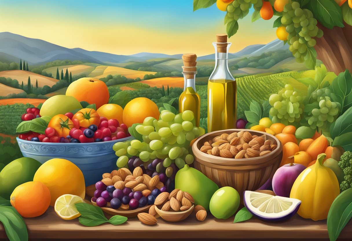 A vibrant Mediterranean landscape with an array of colorful fruits, vegetables, nuts, and olive oil. The scene exudes freshness and vitality, highlighting the importance of antioxidants in the gluten-free diet