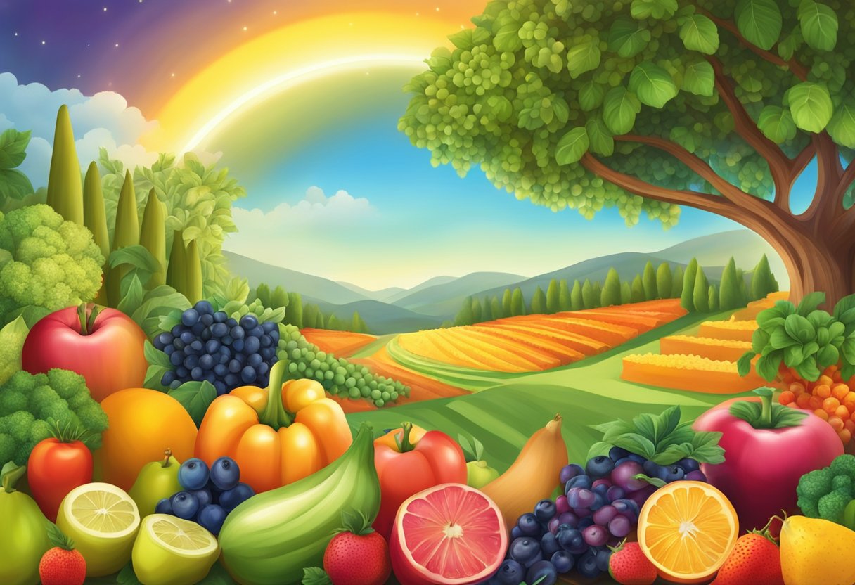 A vibrant Mediterranean landscape with colorful fruits, vegetables, and grains, surrounded by a glowing halo of antioxidants