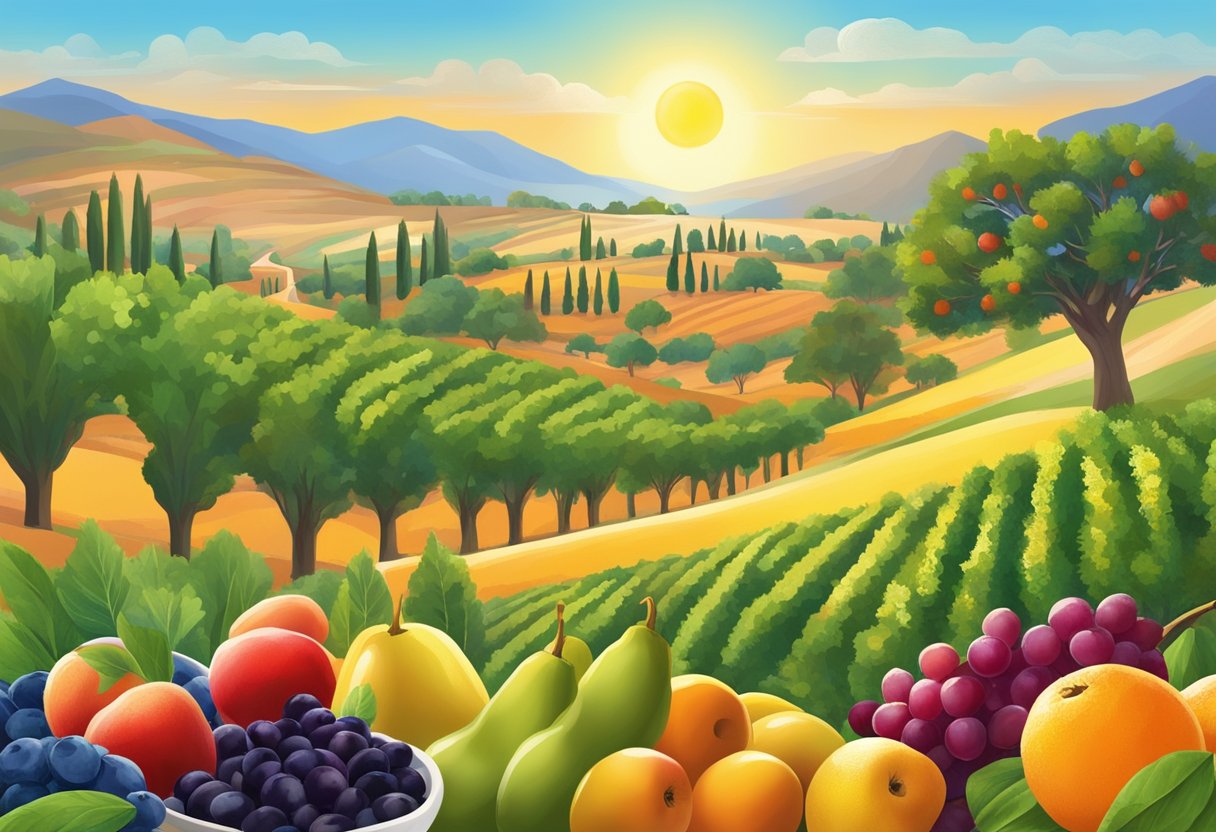 A vibrant Mediterranean landscape with colorful fruits, vegetables, and olive trees. A glowing sun shines down on the scene, highlighting the importance of antioxidants in the gluten-free diet