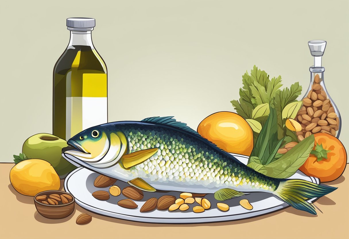 A table with colorful fruits, vegetables, nuts, and fish. A bottle of supplements sits next to a plate of gluten-free whole grains and olive oil