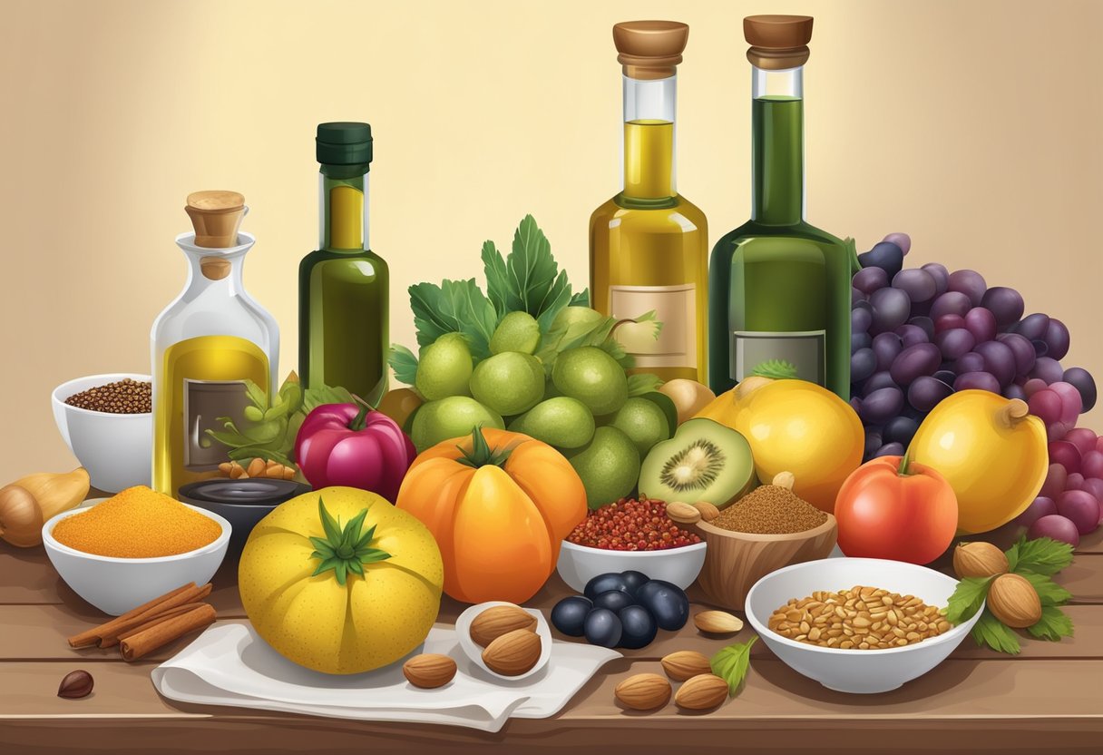 A table set with colorful, fresh fruits, vegetables, nuts, and grains. A bottle of olive oil and a variety of spices are displayed alongside the ingredients