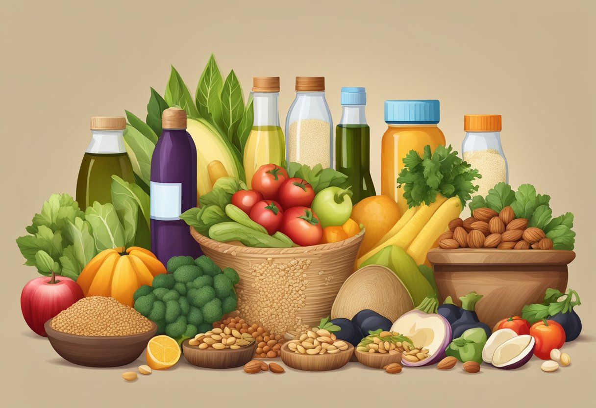A table with a variety of colorful fruits, vegetables, nuts, and seeds. A bottle of supplements and a Mediterranean diet cookbook are also on the table