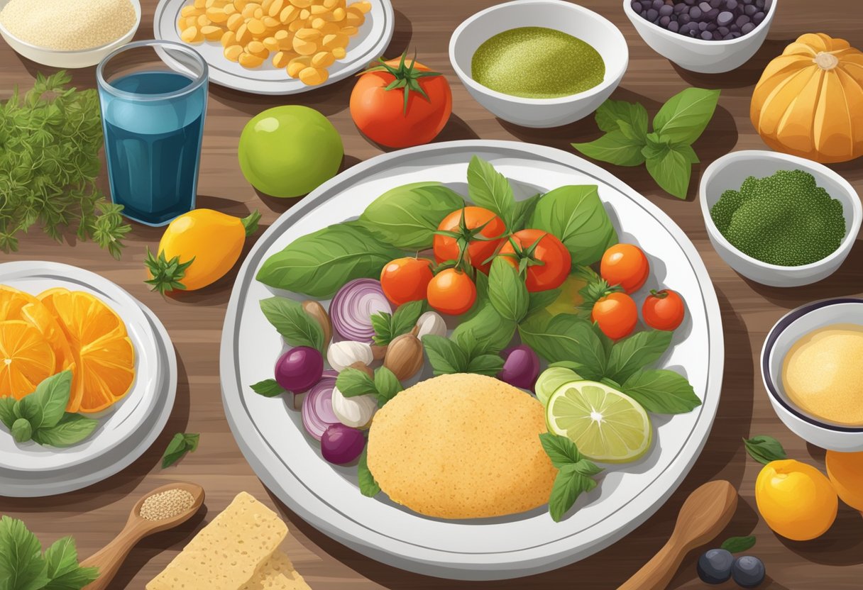 A table set with colorful, fresh Mediterranean ingredients. A variety of gluten-free supplements displayed alongside the food