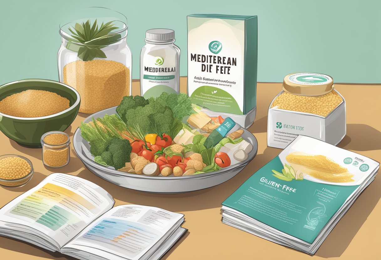 A table with various gluten-free Mediterranean diet supplements and a stack of FAQ pamphlets