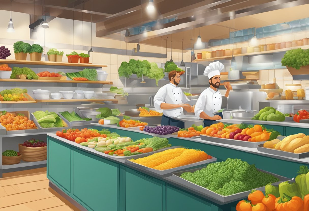 A bustling market with colorful displays of fresh produce and a chef preparing gluten-free Mediterranean dishes in a vibrant kitchen