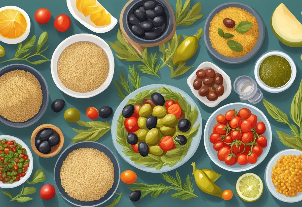 A table set with colorful, fresh ingredients like olives, tomatoes, and quinoa. A variety of gluten-free Mediterranean dishes arranged for different life stages
