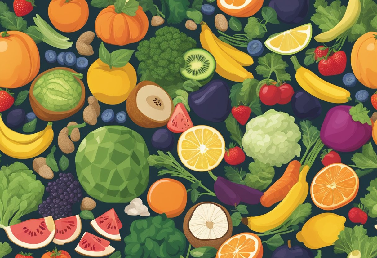 A colorful array of fruits, vegetables, whole grains, and lean proteins arranged in a Mediterranean-inspired pattern, with clear labels indicating different life stages