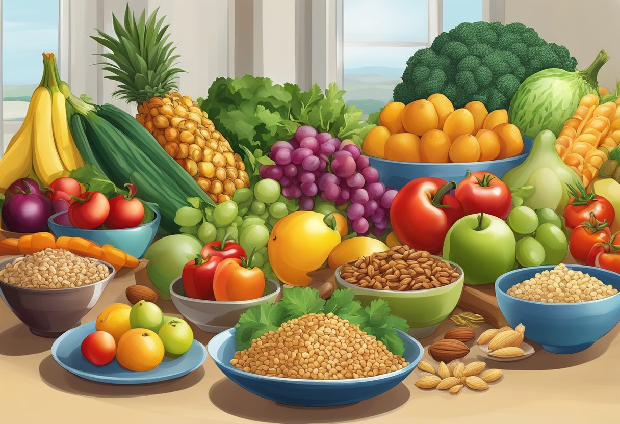 A colorful array of fresh fruits, vegetables, nuts, and grains arranged on a table, with a variety of Mediterranean dishes in the background