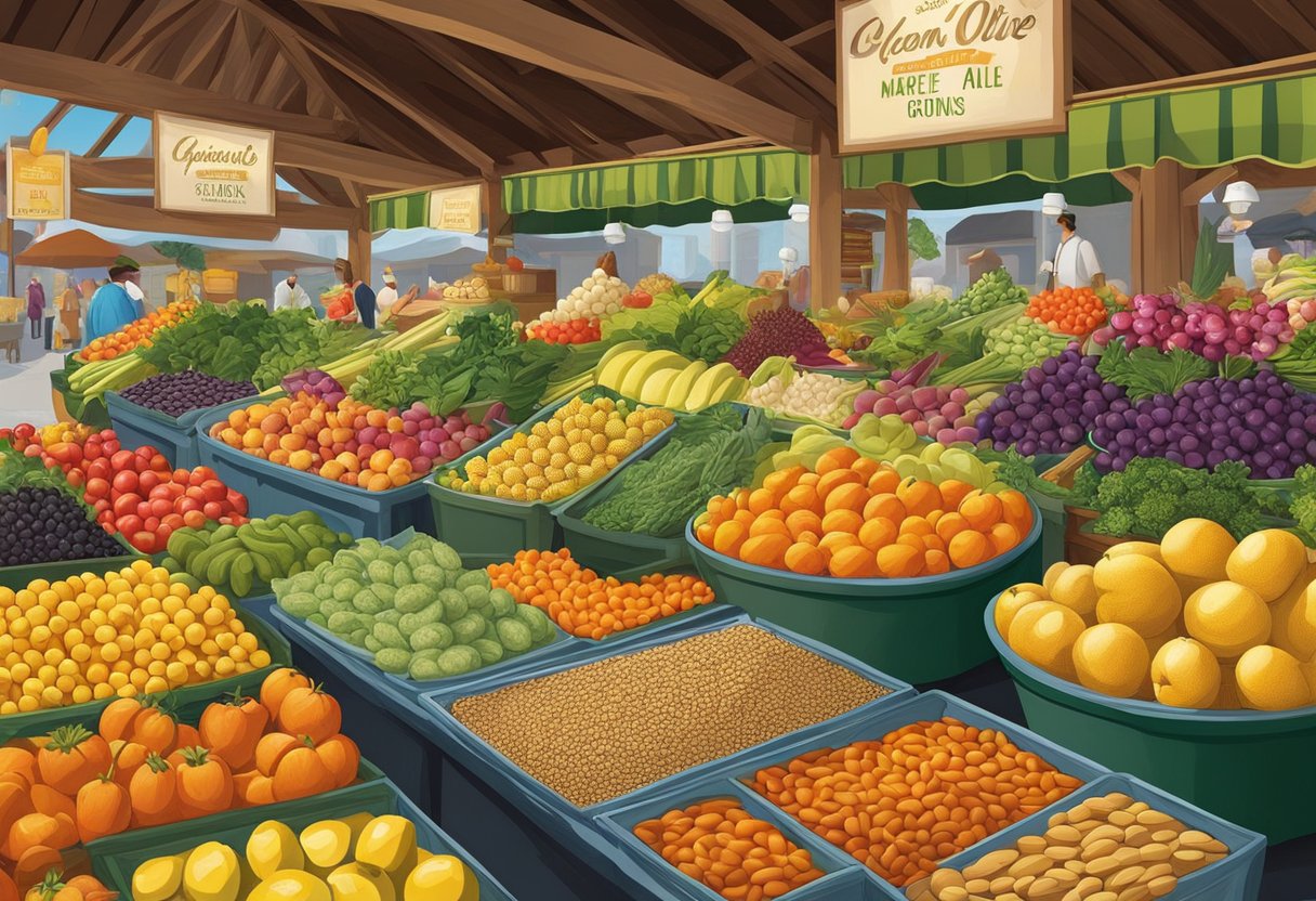 A vibrant market scene with colorful displays of fresh fruits, vegetables, nuts, and olive oil. A variety of gluten-free grains and legumes are showcased alongside traditional Mediterranean ingredients