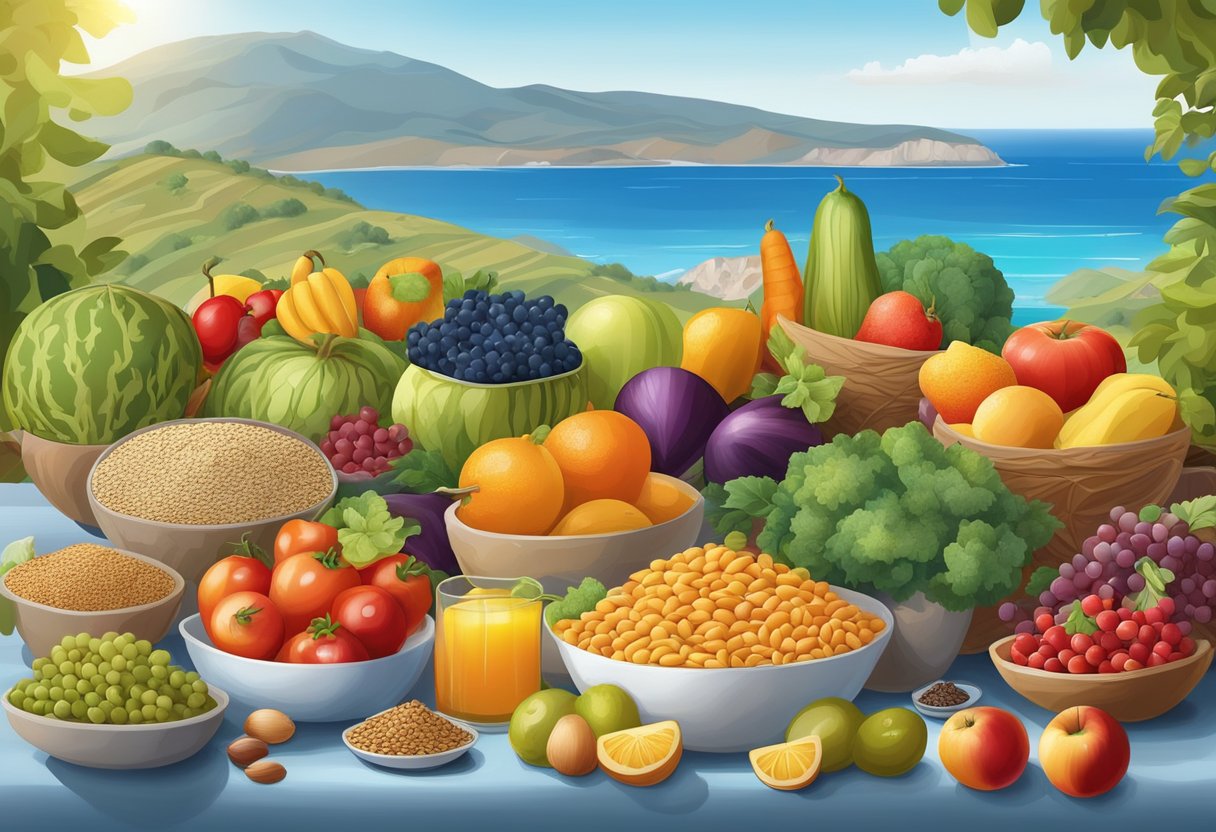 A colorful table filled with a variety of fruits, vegetables, nuts, seeds, and whole grains, with a backdrop of the Mediterranean sea and mountains