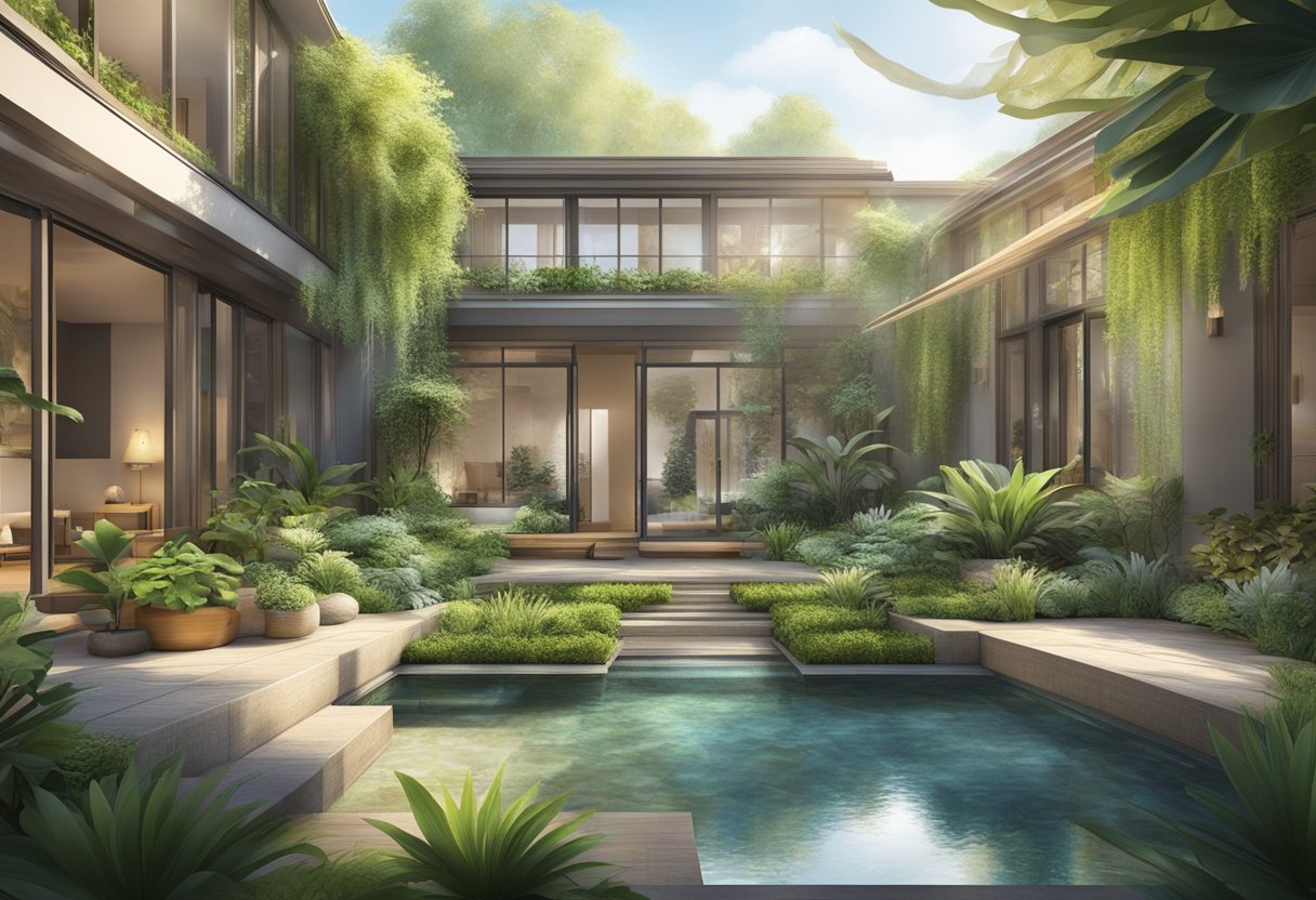 A sunlit courtyard with lush greenery and flowing water features, surrounded by open, airy rooms with natural materials and calming colors