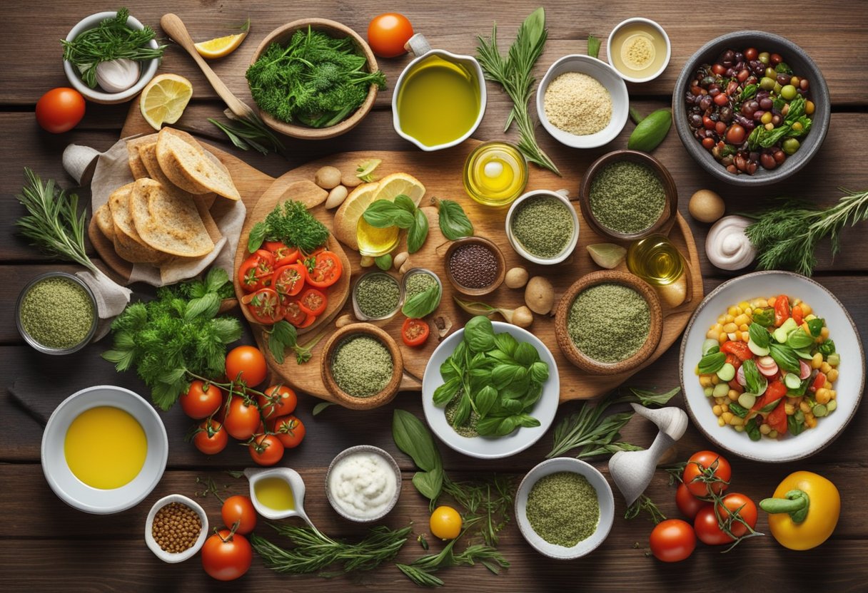 A colorful spread of gluten-free Mediterranean dishes arranged on a rustic wooden table, surrounded by fresh herbs, olive oil, and vibrant vegetables