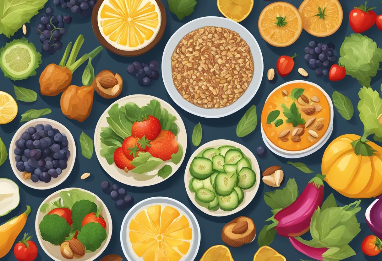 A colorful table spread with fresh fruits, vegetables, nuts, and grains. A diverse array of Mediterranean-inspired dishes for various life stages