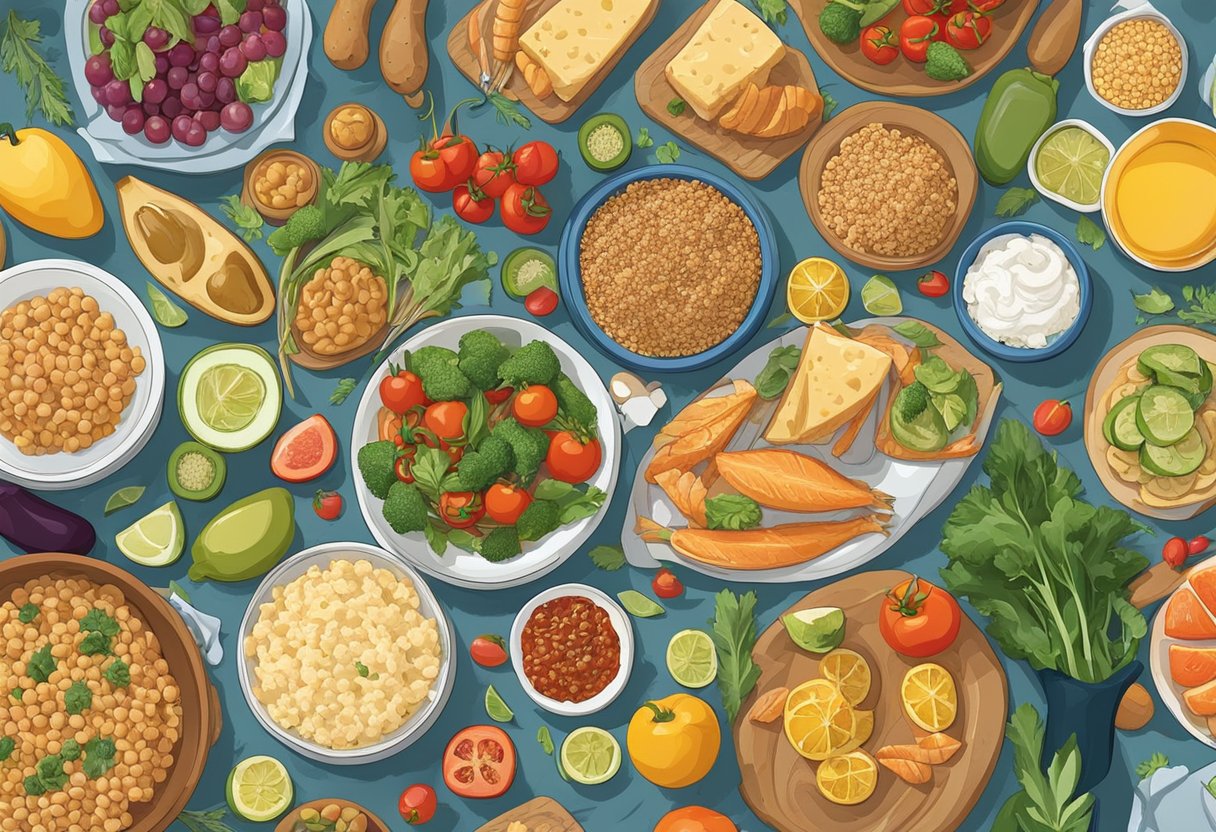 A colorful spread of Mediterranean foods on a table, including fresh fruits, vegetables, whole grains, and fish. A family of different ages enjoys the meal together