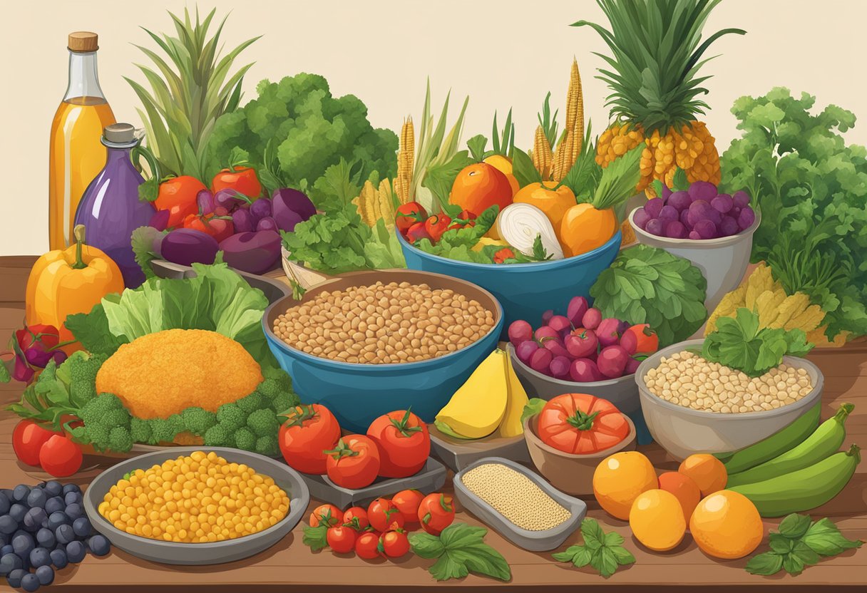 A table filled with colorful Mediterranean foods, including fruits, vegetables, fish, and grains, with a "Gluten-free Mediterranean Diet" sign above