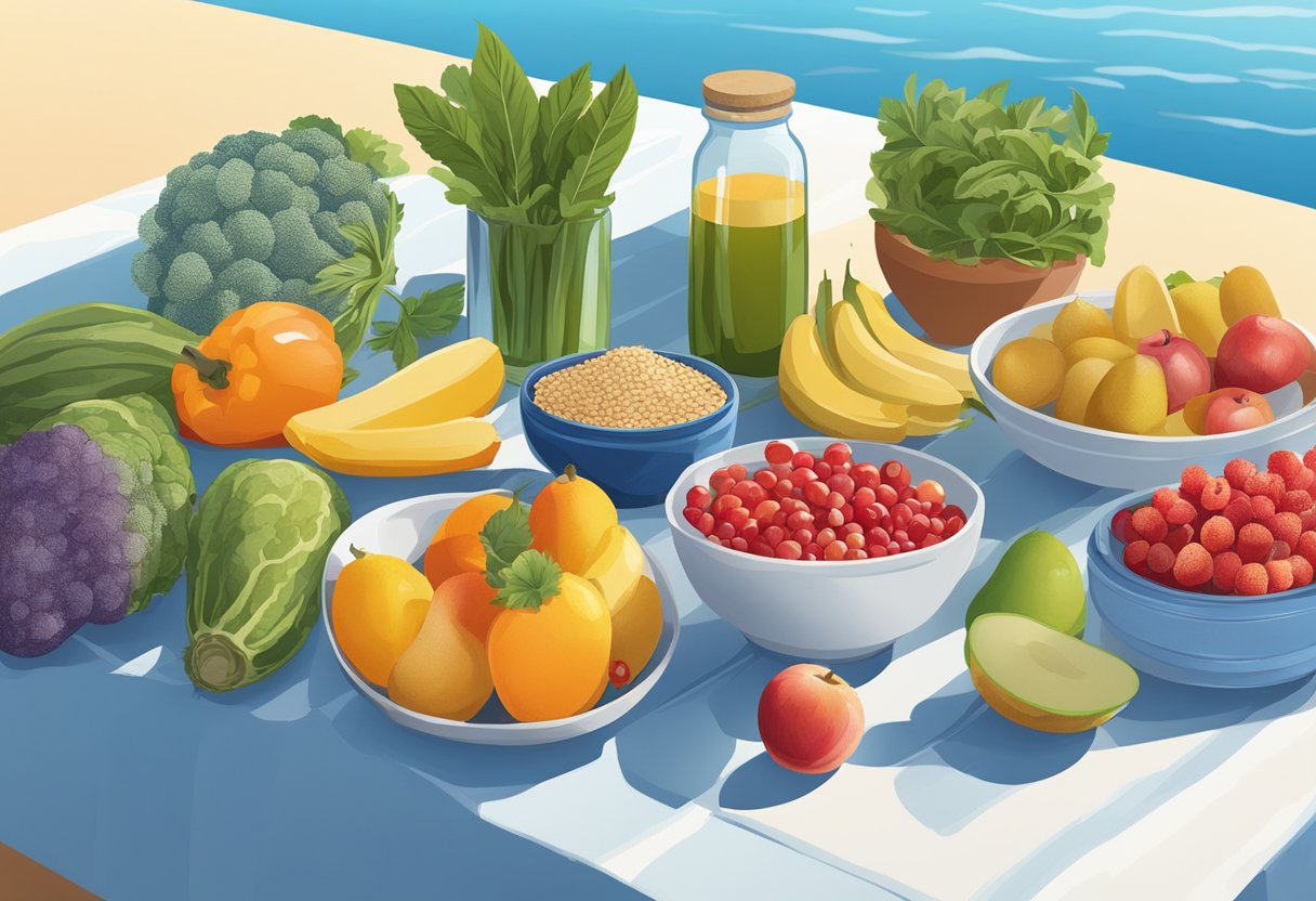 A table set with colorful fruits, vegetables, and whole grains, alongside bottles of prebiotics and probiotics. The Mediterranean sea and a clear blue sky in the background