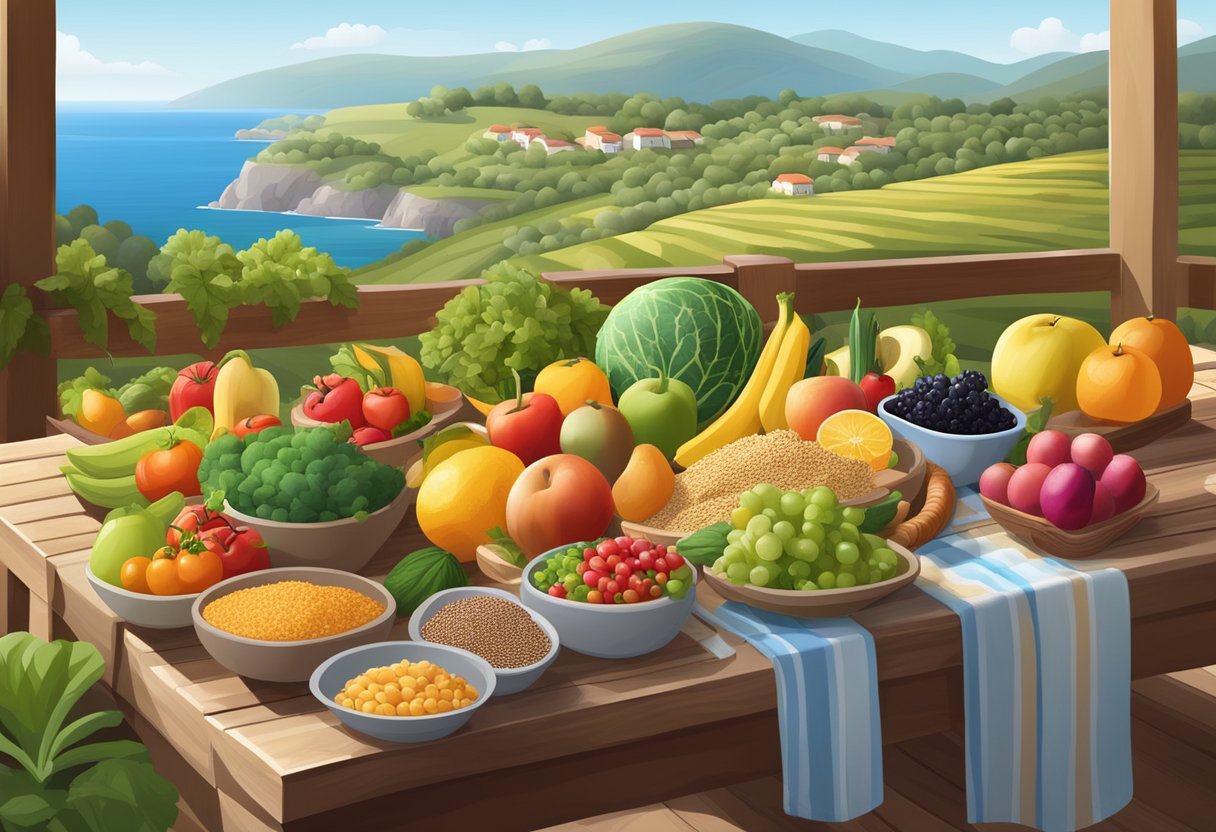 A diverse array of colorful fruits, vegetables, whole grains, and fermented foods arranged on a wooden table, with a backdrop of a serene Mediterranean landscape