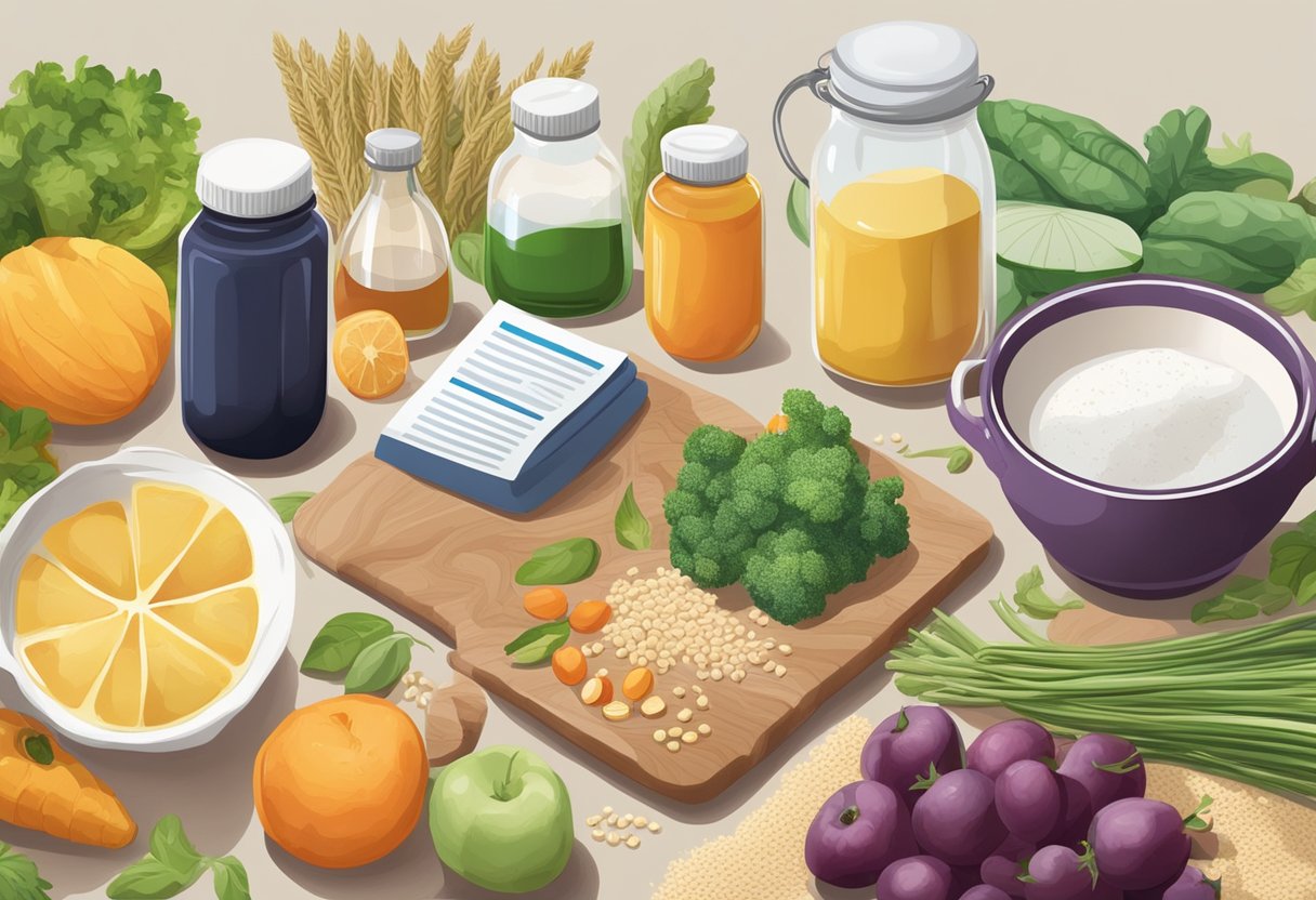 A kitchen counter with colorful fruits, vegetables, and grains. A bottle of probiotics and prebiotics supplements next to a recipe book for gluten-free Mediterranean meals