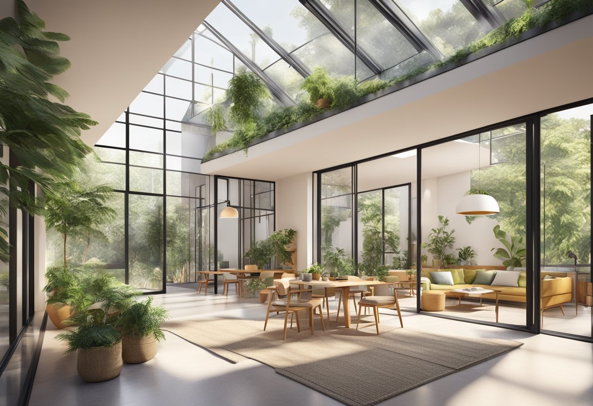 A sunny courtyard with solar panels, greenery, and natural materials. Open floor plan with large windows for natural light and airflow