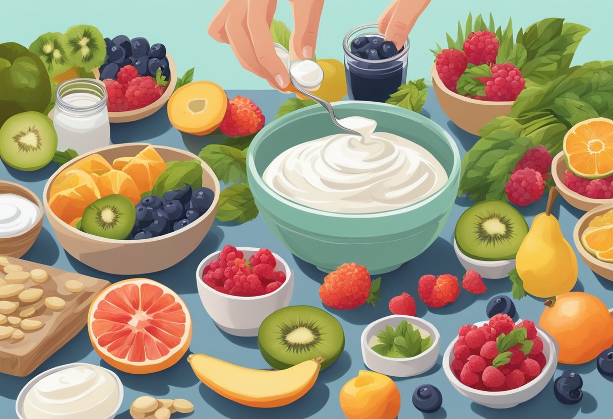 A colorful Mediterranean table with prebiotic and probiotic-rich foods, including fruits, vegetables, yogurt, and whole grains. A person is adding a spoonful of yogurt to a bowl of fresh berries