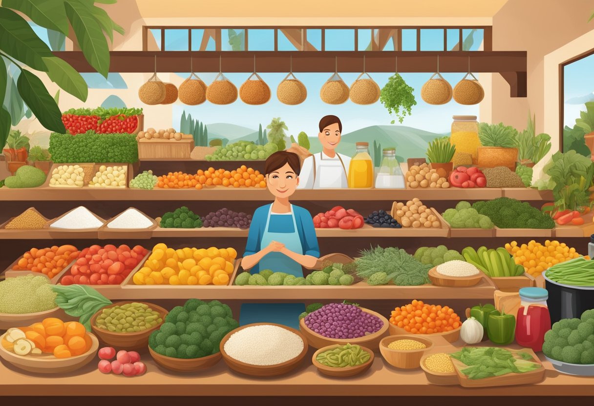 A colorful Mediterranean market with a variety of gluten-free prebiotic and probiotic foods displayed, surrounded by diverse cultural symbols and traditional cooking ingredients