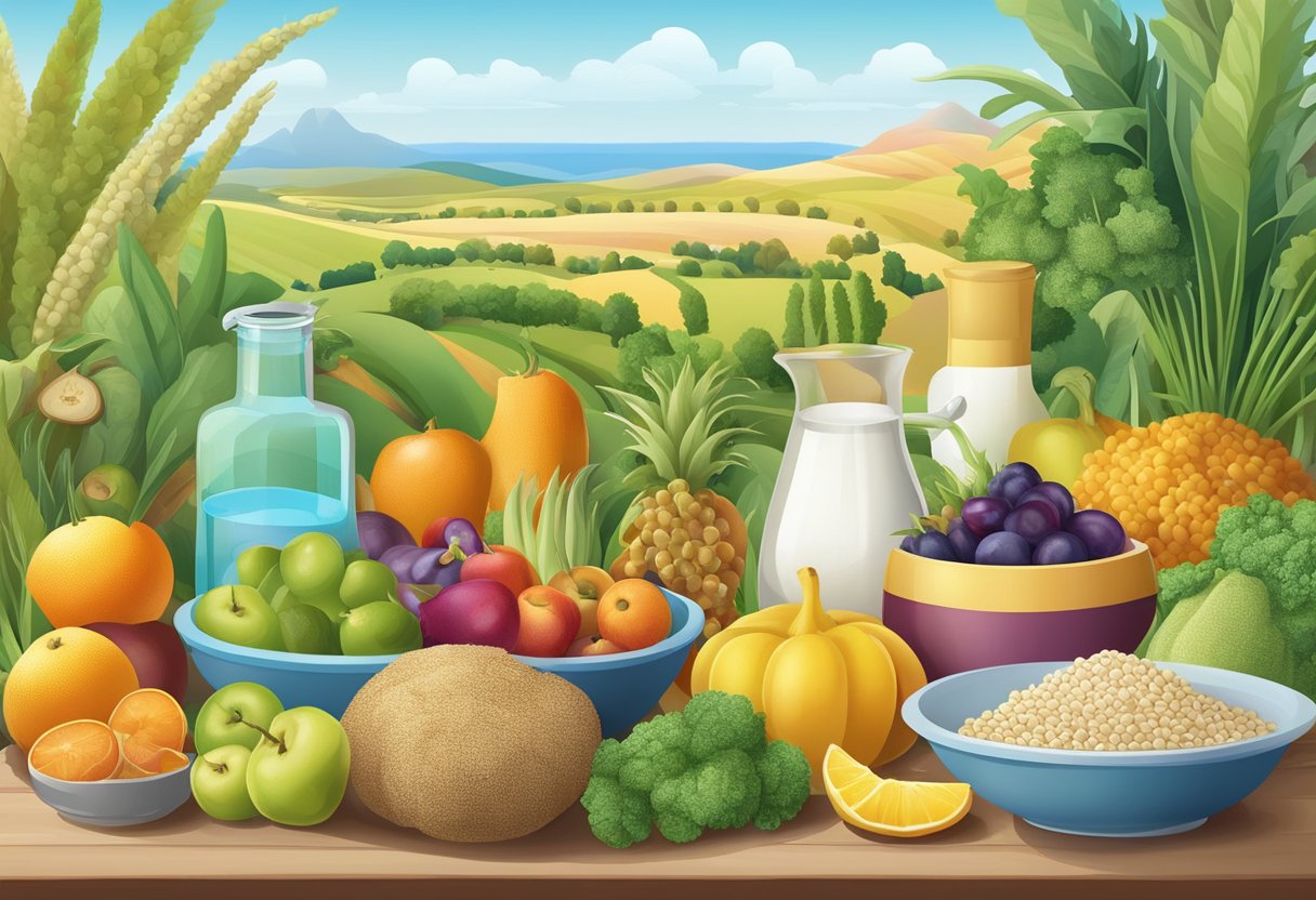 A colorful Mediterranean landscape with a variety of fruits, vegetables, grains, and dairy products. A microscope and scientific research papers are displayed on a table, indicating ongoing studies on prebiotics and probiotics in gluten-free diets