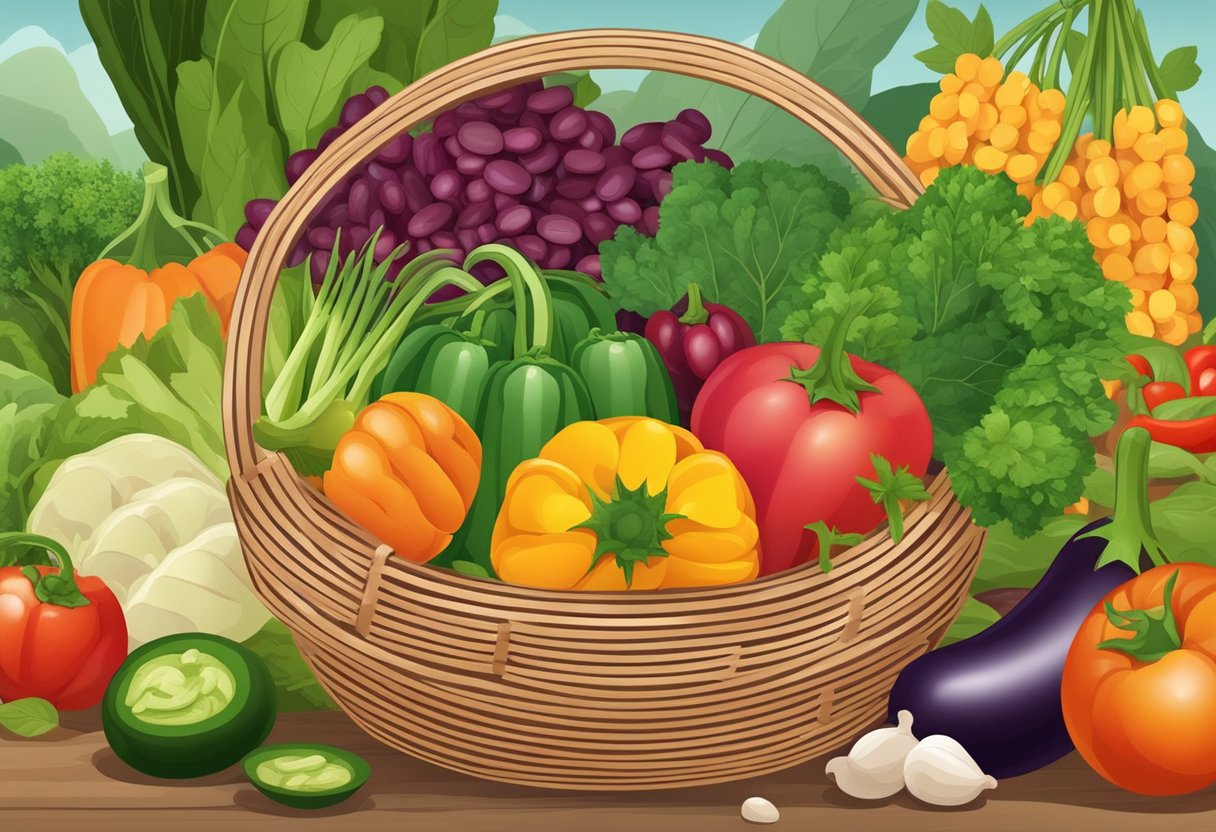 A variety of colorful legumes arranged in a wicker basket, surrounded by fresh vegetables and herbs, with a backdrop of a sunny Mediterranean landscape