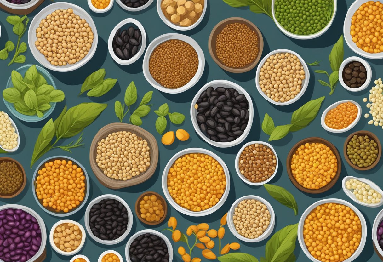 A colorful array of legumes, including chickpeas, lentils, and black beans, arranged in a vibrant, Mediterranean-inspired setting with fresh herbs and olive oil