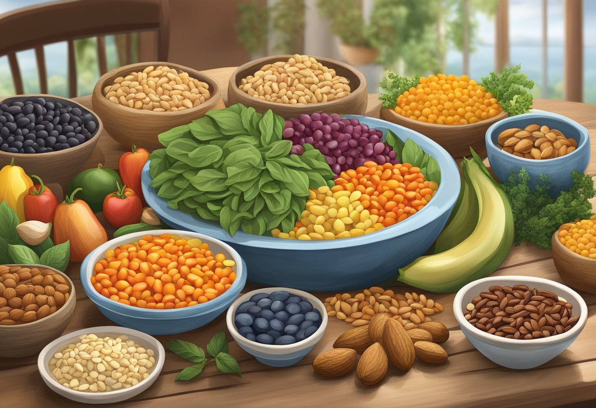 A colorful spread of legumes, nuts, fruits, and vegetables arranged on a Mediterranean-style table setting, with a prominent "gluten-free" label
