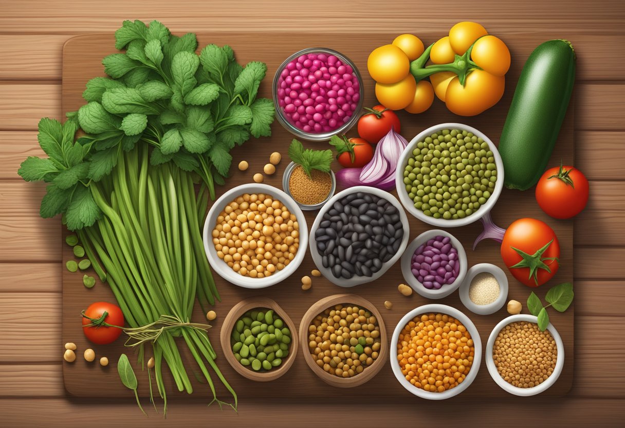 A colorful array of chickpeas, lentils, and beans arranged next to vibrant vegetables and herbs on a wooden cutting board
