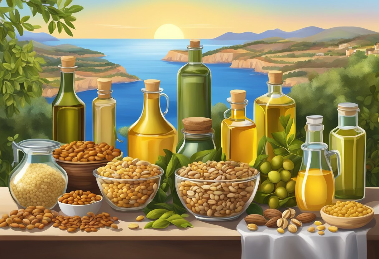 A colorful array of legumes, nuts, and seeds, surrounded by bottles of olive oil and jars of various fats, set against a backdrop of Mediterranean scenery