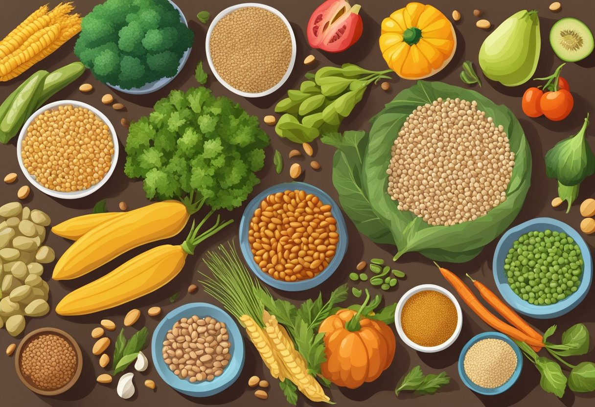 A colorful table spread with a variety of legumes, fruits, vegetables, and whole grains. A health professional provides guidance on the gluten-free Mediterranean diet