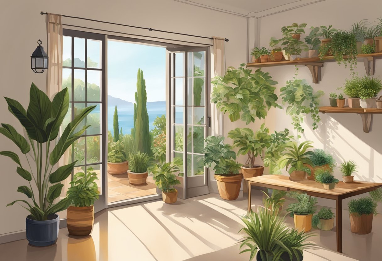 A sunlit Mediterranean home with open windows, plants, and natural materials, creating a peaceful and healthy indoor environment