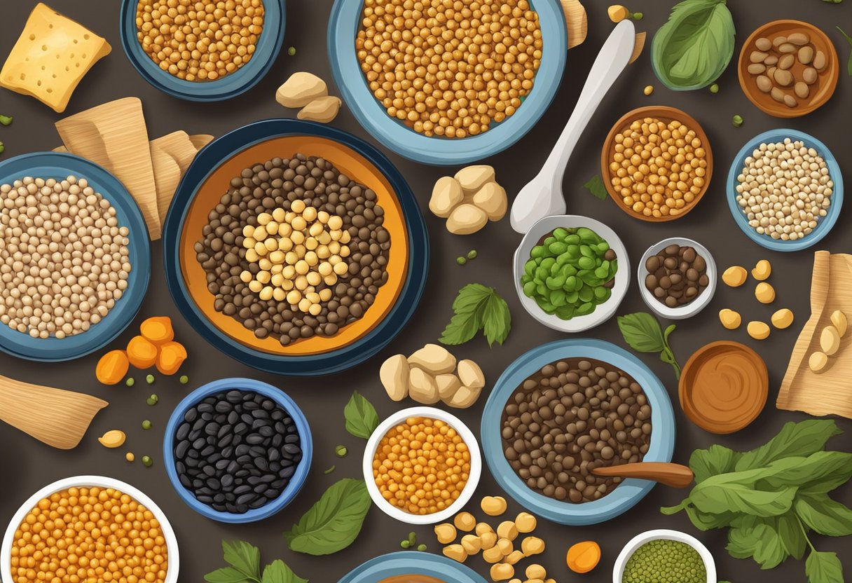 Assorted legumes, such as chickpeas, lentils, and black beans, arranged in a colorful array on a Mediterranean-themed table setting