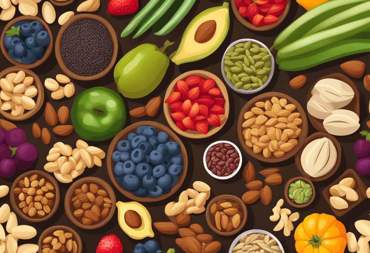 A variety of nuts and seeds arranged in a colorful and appetizing display, surrounded by fresh fruits and vegetables on a wooden table