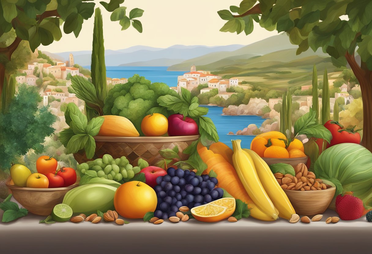 A colorful array of fruits, vegetables, nuts, and seeds arranged on a table in a Mediterranean-inspired setting