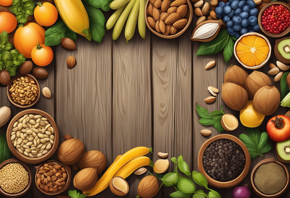 A variety of nuts and seeds arranged on a rustic wooden table, surrounded by colorful fruits and vegetables, with a Mediterranean backdrop