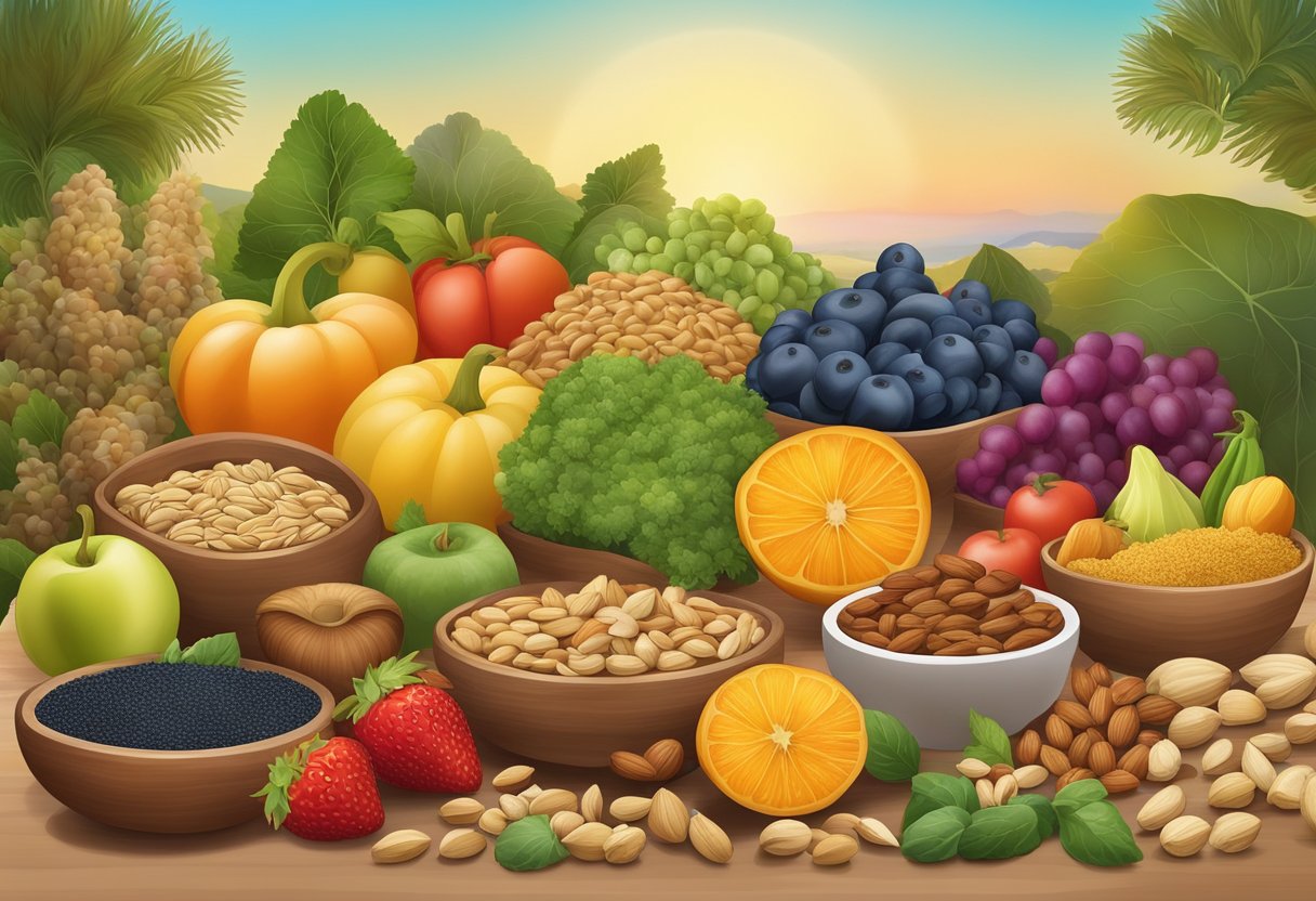 A variety of nuts and seeds arranged on a table, surrounded by colorful fruits and vegetables, with a Mediterranean backdrop