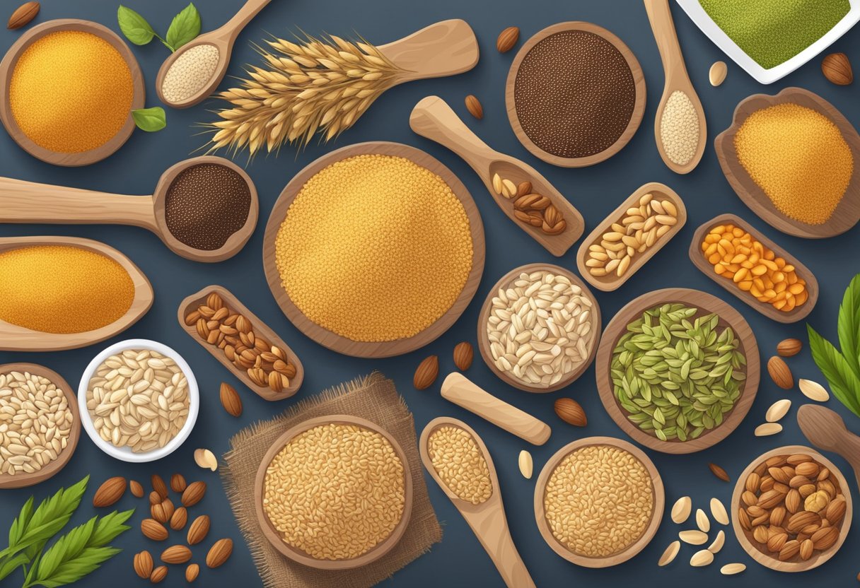 A table with a variety of gluten-free grains, nuts, and seeds arranged in a colorful and appetizing display