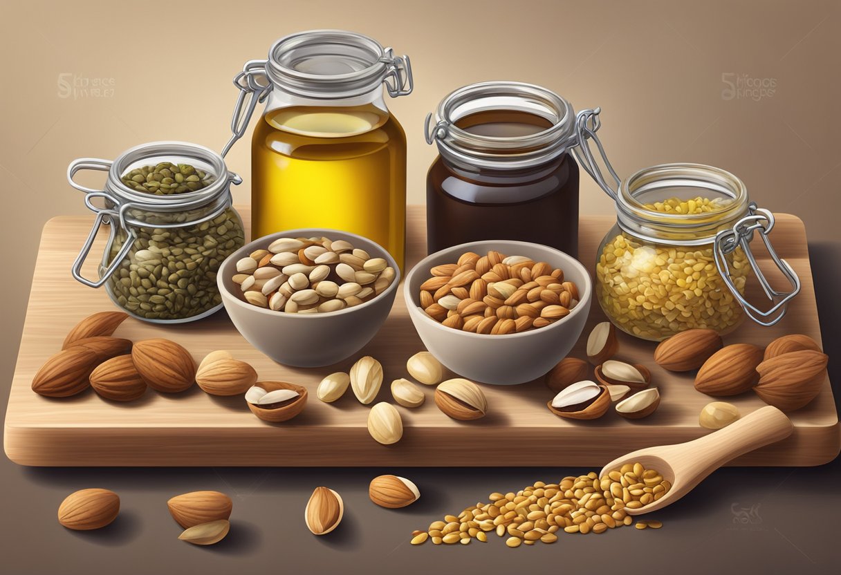Assorted nuts and seeds arranged on a wooden cutting board with a variety of healthy oils and fats in small glass containers