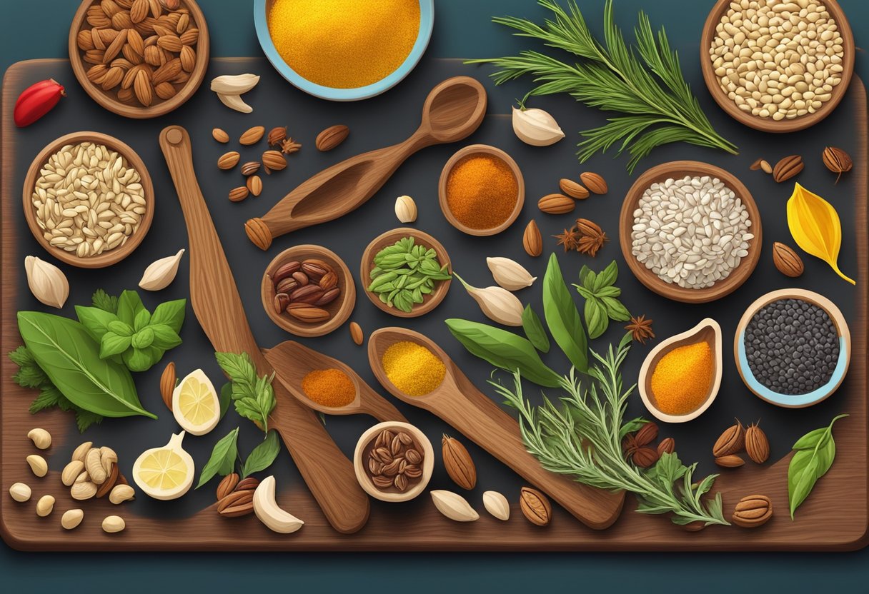 A colorful array of herbs, spices, nuts, and seeds arranged on a wooden cutting board, with vibrant Mediterranean ingredients in the background