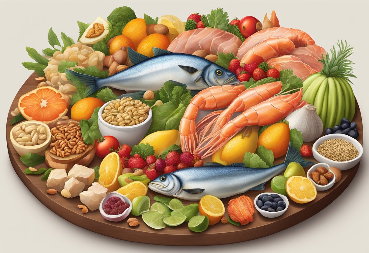 A table spread with fresh seafood, lean meats, nuts, and seeds, surrounded by vibrant Mediterranean fruits and vegetables