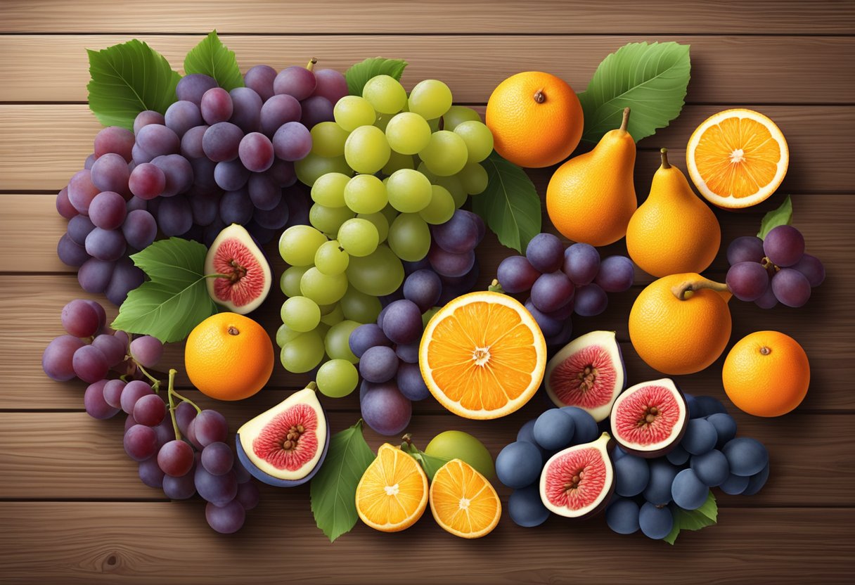 A colorful array of fresh fruits arranged on a rustic wooden table, including vibrant oranges, juicy grapes, and ripe figs