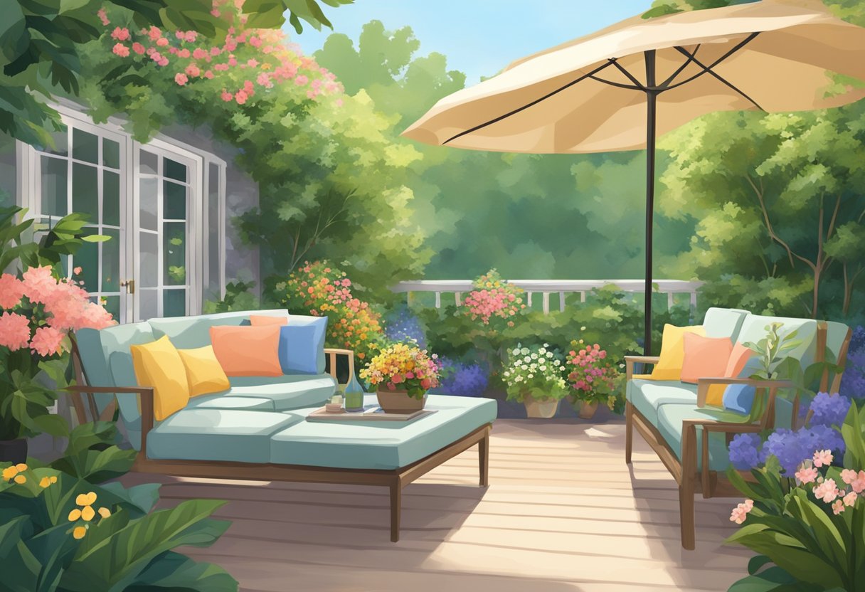 A cozy outdoor patio with comfortable seating, surrounded by lush greenery and blooming flowers, creating a tranquil and inviting space for relaxation and well-being