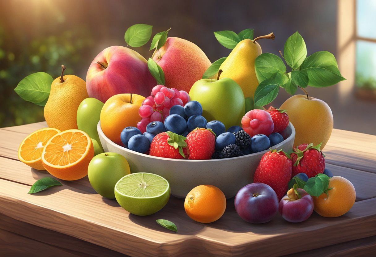 A bowl of vibrant fresh fruits sits on a rustic wooden table, surrounded by colorful Mediterranean ingredients. The sunlight streams in, highlighting the natural beauty of the gluten-free diet