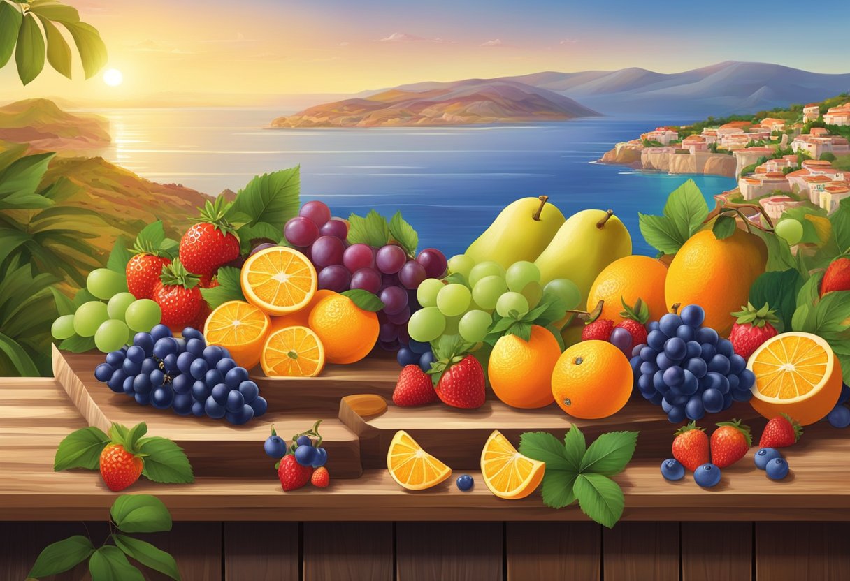 A colorful array of fresh fruits, including oranges, grapes, and strawberries, is arranged on a wooden cutting board against a backdrop of vibrant Mediterranean scenery